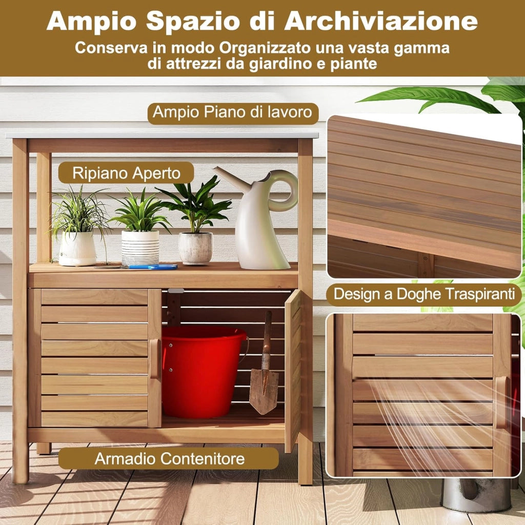 Armadio da Esterno Impermeabile in Legno di Acacia, Mobile Esterno Balcone con Piano di Lavoro in Resina, 2 Ante Persiana e Ripiano Aperto, per Piante e Attrezzi, Naturale, 80 x 40 x 90,5 cm