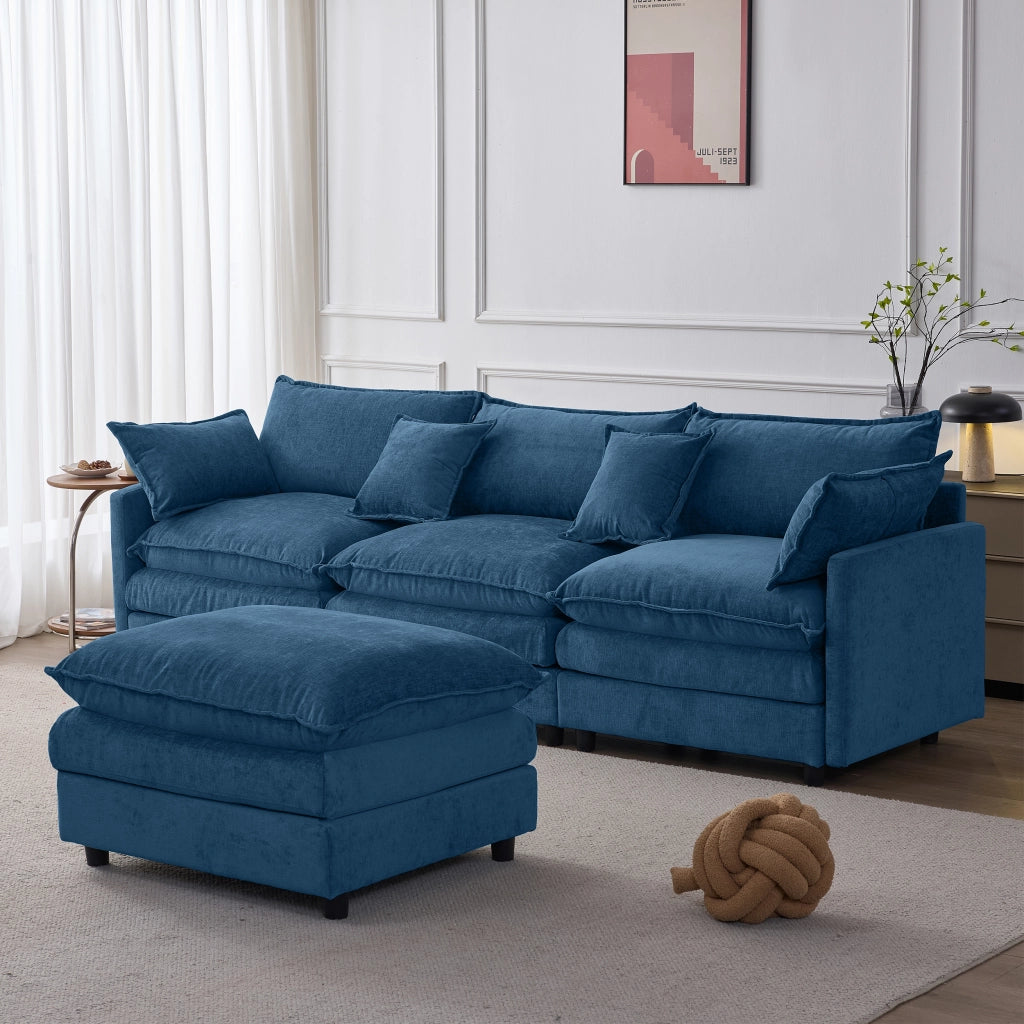 Divano angolare modulare 3 posti con pouf, Chenille Blu