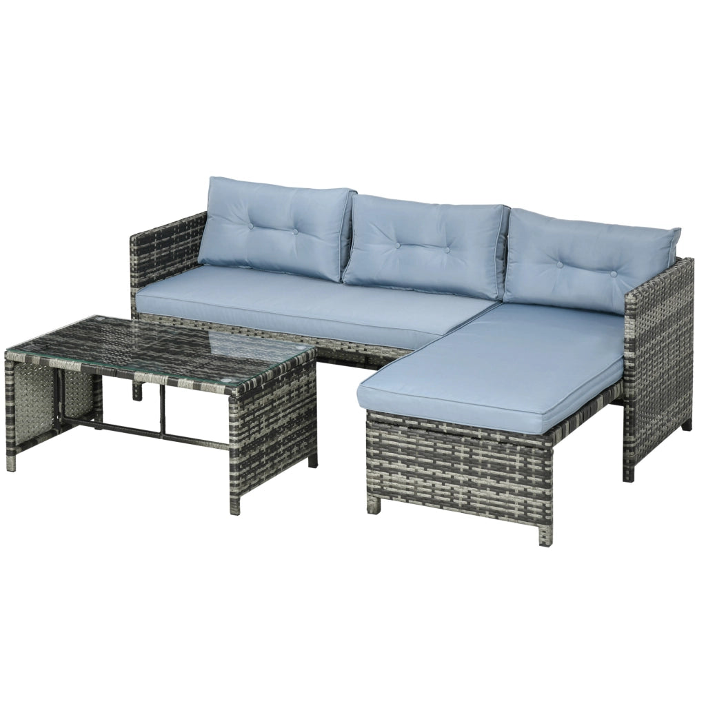 Salotto da Giardino con Divanetto, Chaise Longue e Tavolino in Rattan PE con Cuscini, Grigio