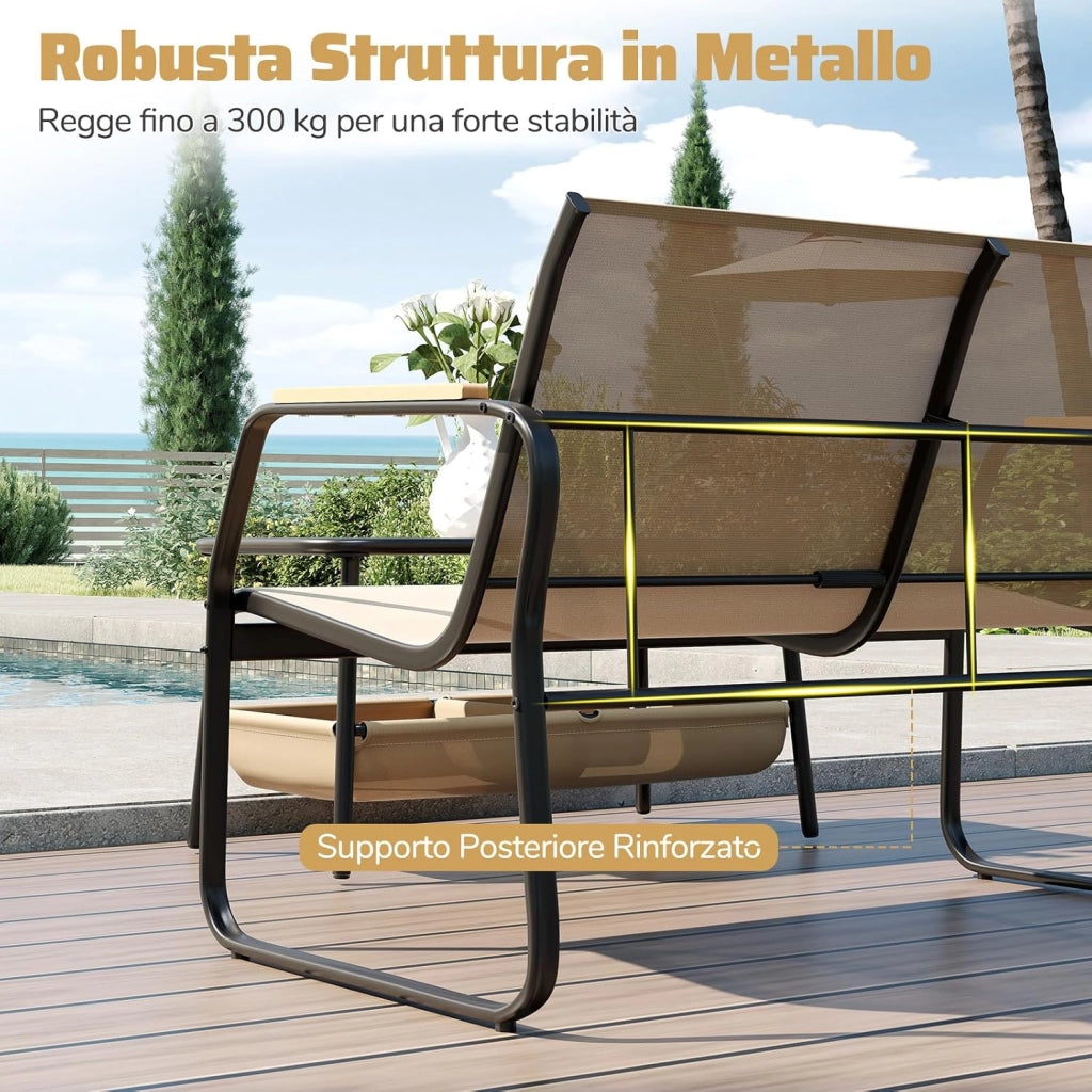 Set Tavolo e Panca da Giardino, Tavolino da Caffè con 2 Scomparti di Stoccaggio, Set Bistro da Esterno in Metallo, per Balcone Veranda, Pancha Portata 300 kg, Tavolo Portata 80 kg