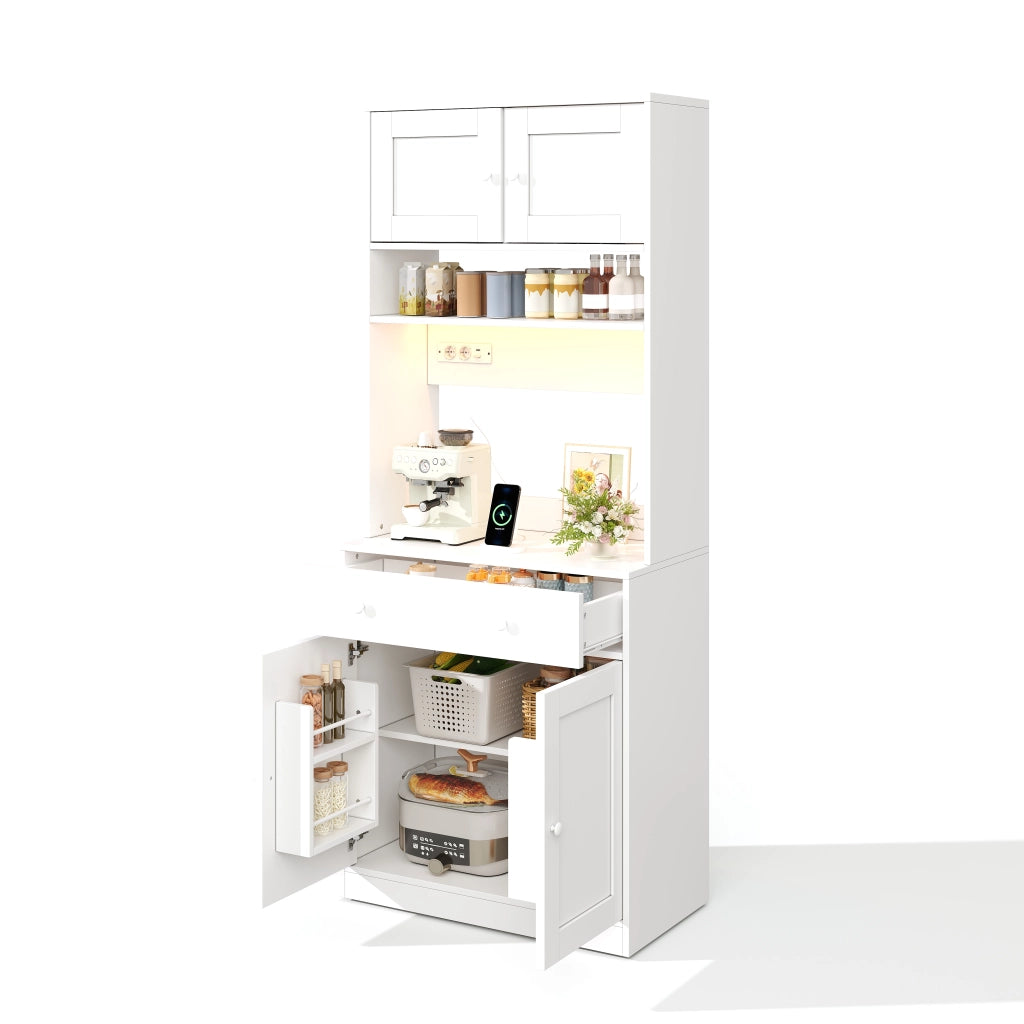 Credenza da cucina alta 180 cm con LED, prese e ampio spazio contenitivo, bianco