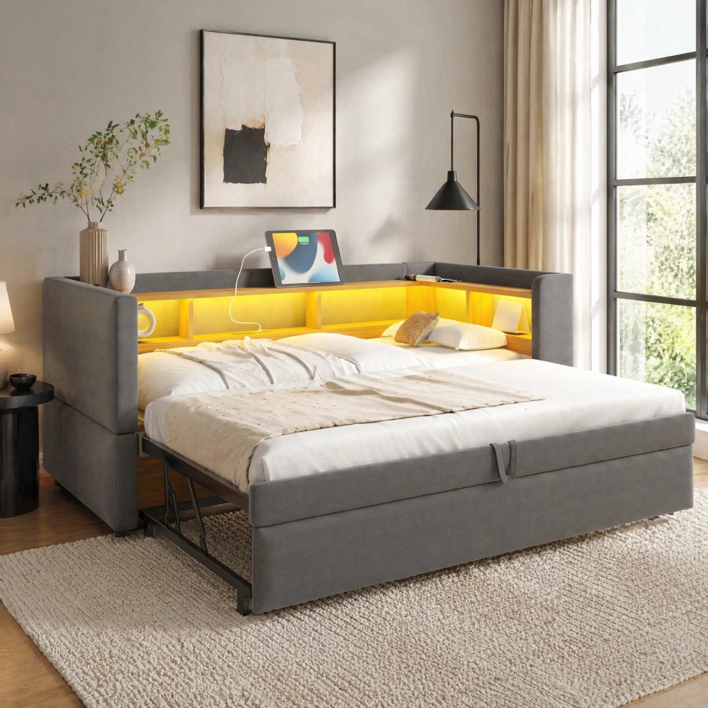 DIVANO LETTO 90/180x190 cm in flanella grigio scuro con LED e prese