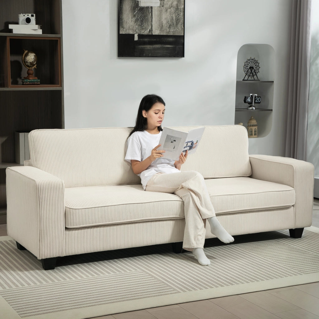 Divano dritto 3 posti con braccioli cuscini e seduta a molle in poliestere bianco crema 227 × 84 × 87 cm