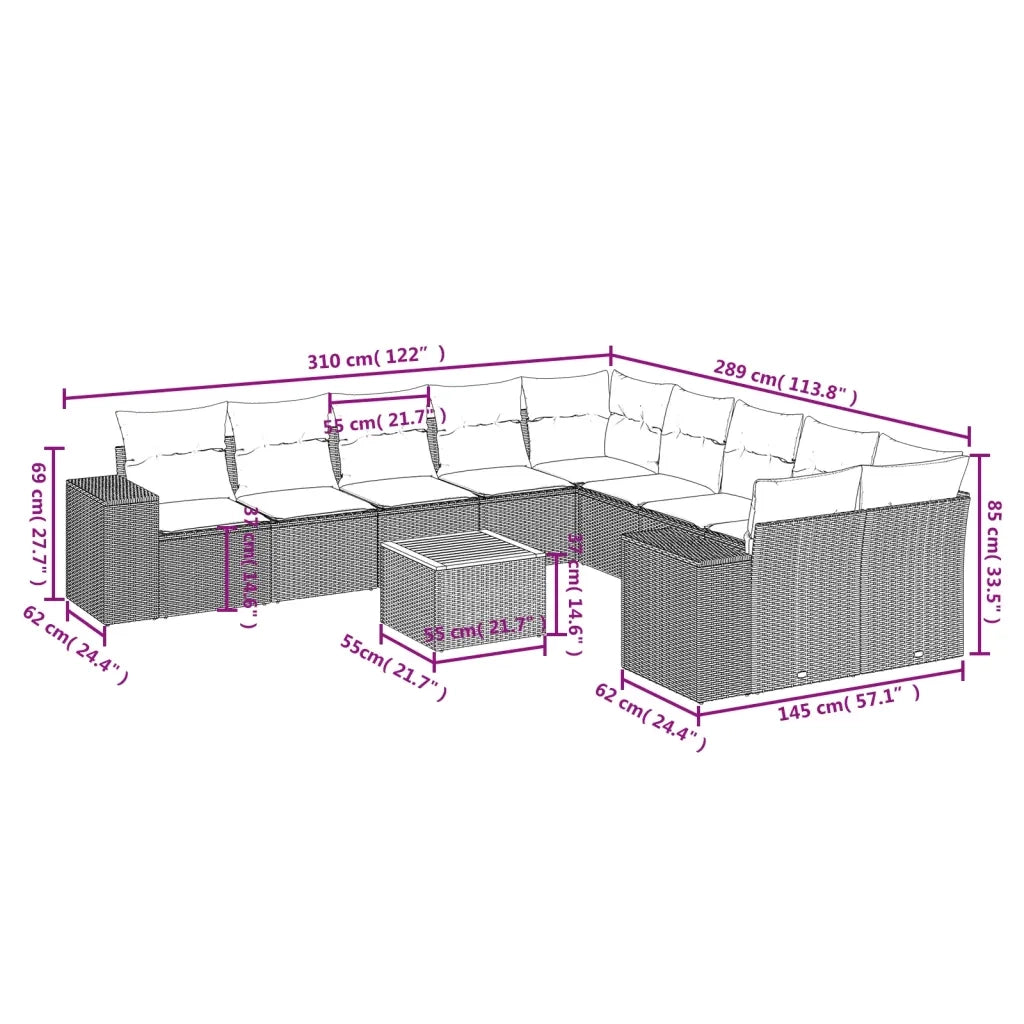 Set Divani da Giardino 11 pz con Cuscini Beige in Polyrattan 3257969