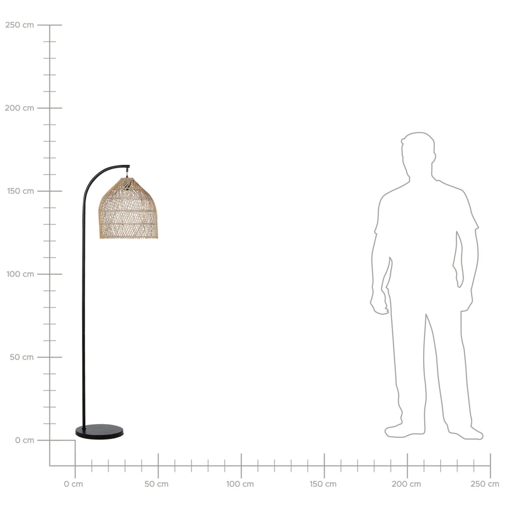 Lampada da terra stile boho in rattan beige naturale e struttura in metallo nero 165 cm
