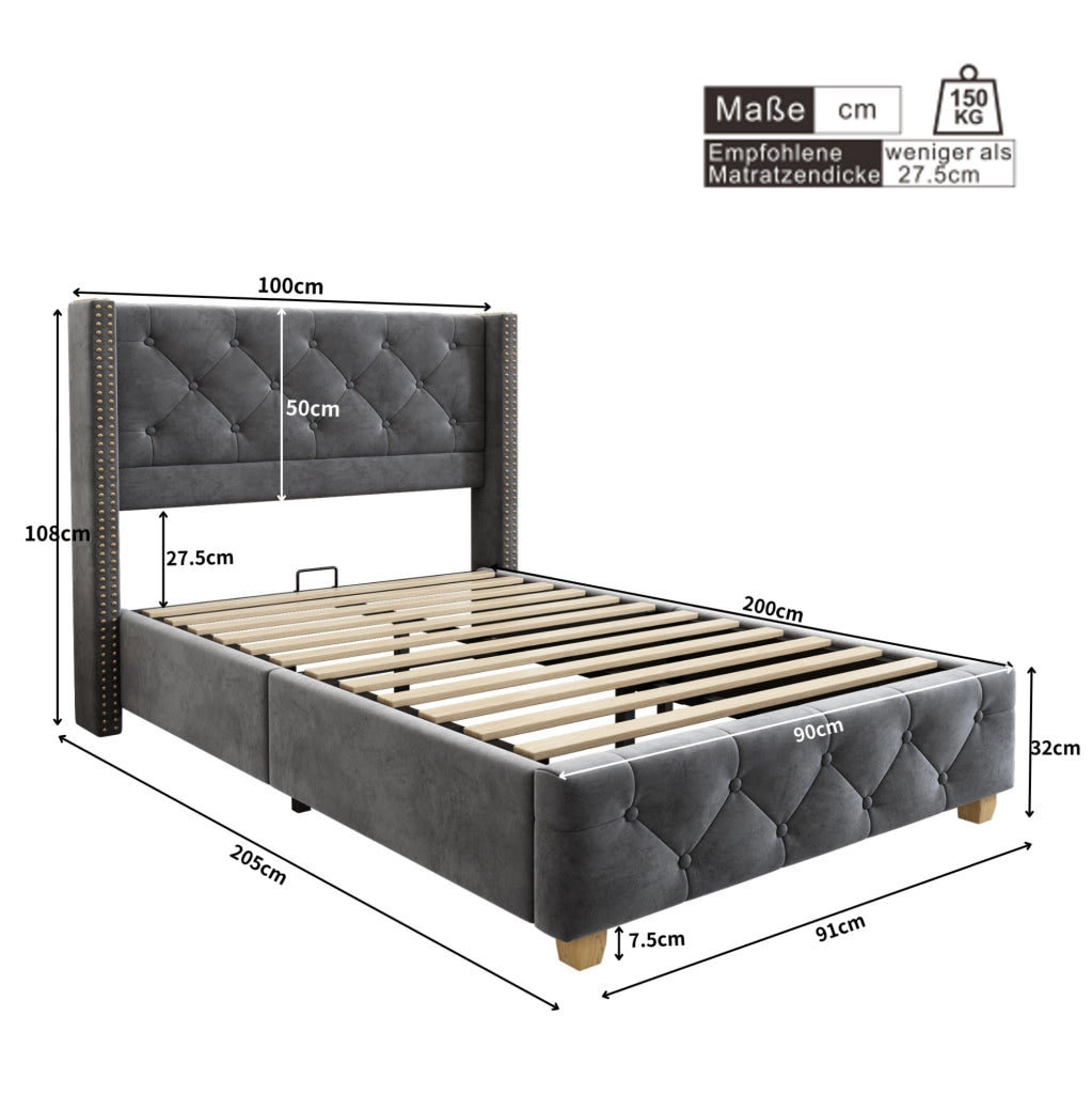 Letto imbottito 90x200 cm in velluto grigio con 12 doghe e testiera con borchie