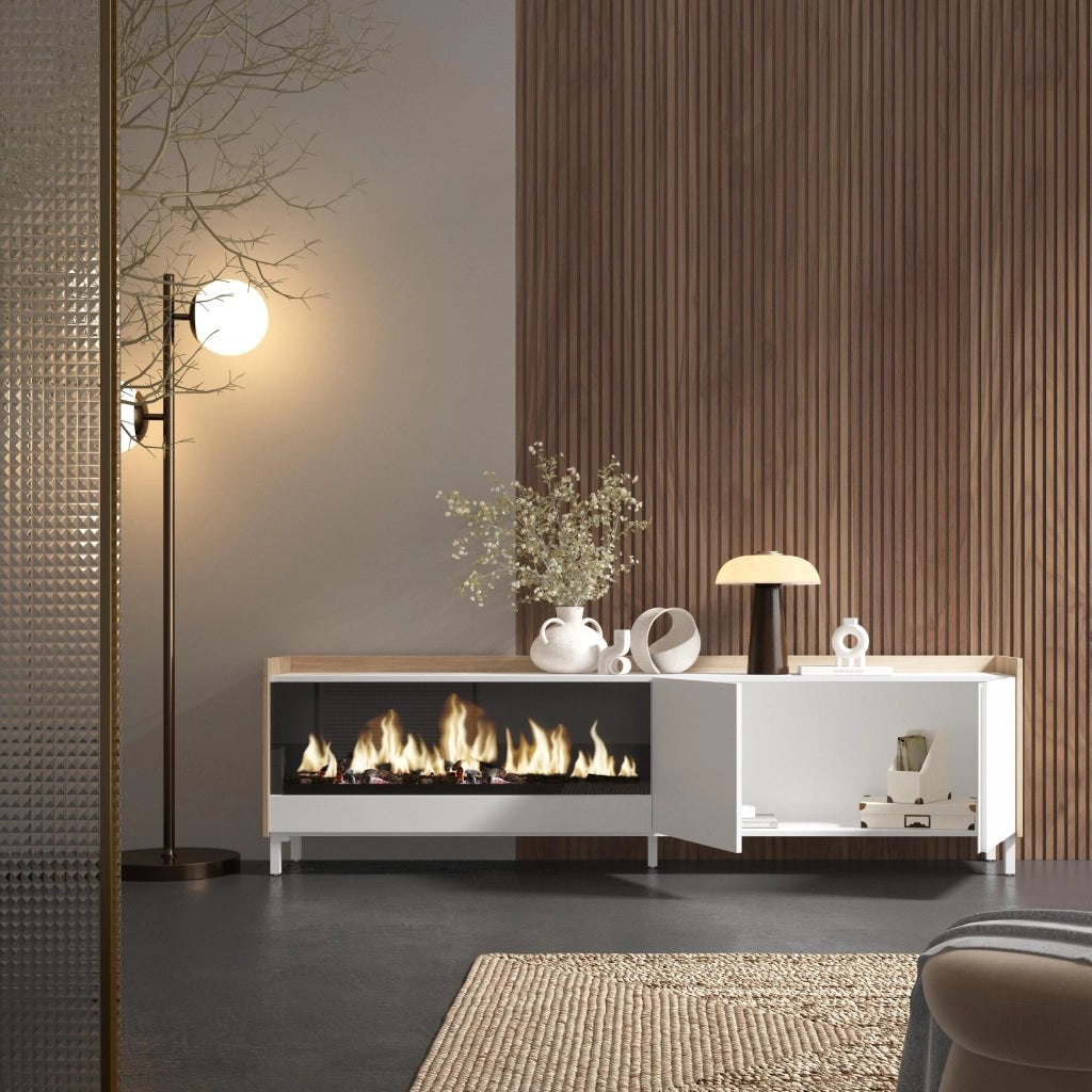 Mobile TV Soggiorno, 212x61x35 cm, Per TV fino a 80", Camino elettrico XXL, Design industriale, Bianco e Rovere soft