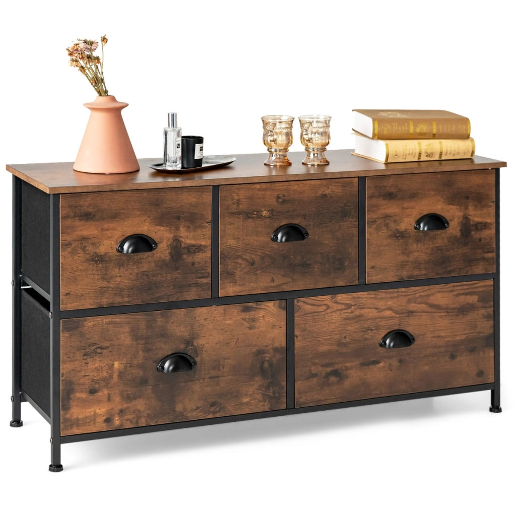 Organizer con 5 cassetti in tessuto rimovibili pieghevoli telaio in acciaio, Mobile spazioso Marrone-Credenze buffet