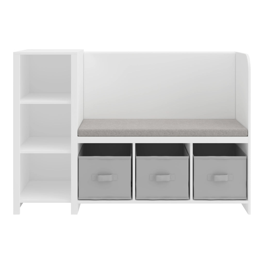 Scaffale per Cameretta Høylandet con Panca Scomparti e Scatole 76 x 112 x 40 cm - Bianco / Grigio [en.casa]