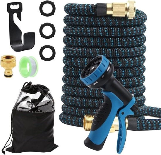 Slanga irrigazione estensibile da 75 metri - Slanga irrigazione flessibile e espandibile con pistola e connessioni a raccordo in ottone - Slanga irrigazione per giardini con formato 1/2 pollice e 3/4 pollice