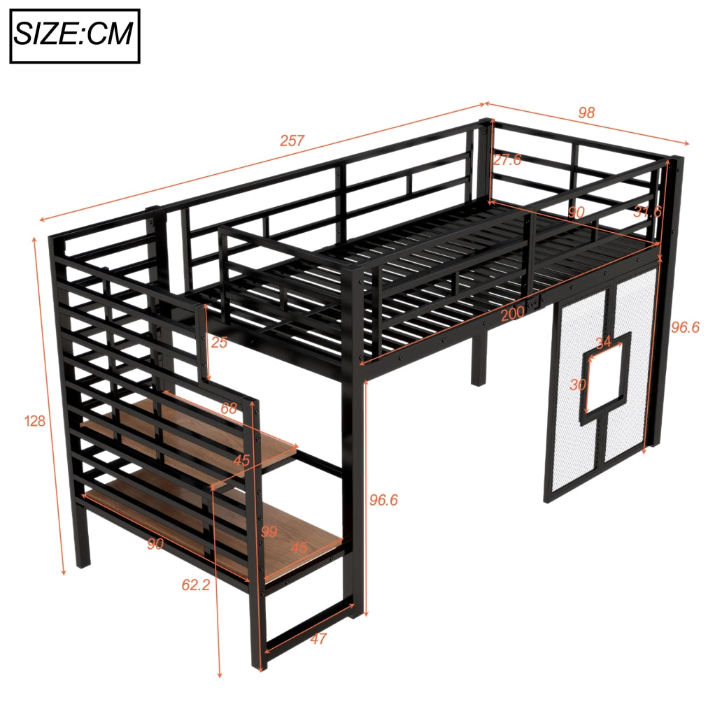 Letto a soppalco 90x200 cm con scala; contenitore; LED e finestre in metallo e MDF nero