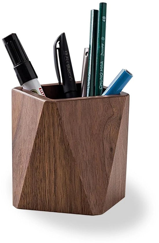 Pentagramma in legno per ufficio, organizzatore per scrivania, legno di noce, manufatto artigianale, per attrezzature da ufficio, pennelli per trucco, scrivanie, uffici.