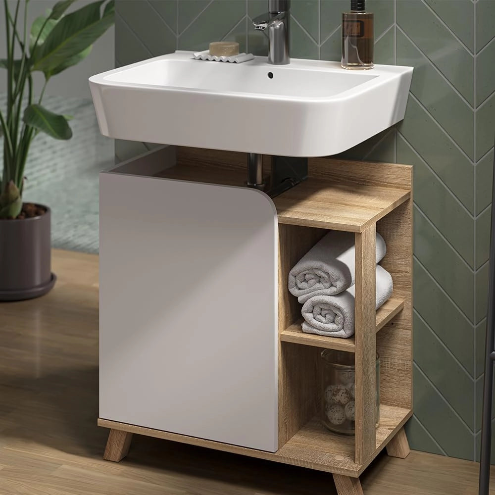 Set di mobili da bagno Karen, Sonoma/Bianco, 60 cm, composto da specchio da bagno e mobile sottolavabo