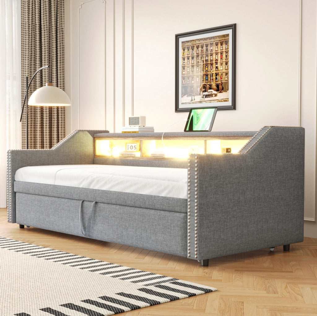 Divano letto estraibile ULEVR 90/180x190 cm con LED, USB e 3 vani laterali, grigio chiaro