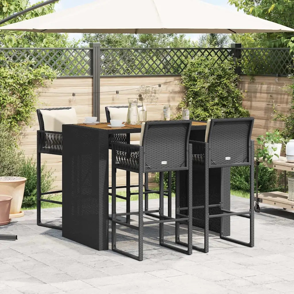 Set Bar da Giardino 5 pz con Cuscini Nero in Polyrattan Acacia 3328899