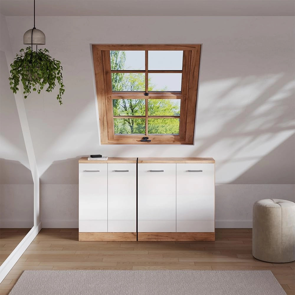 Set di mobili sottotetto Rion, Bianco lucido, 140 cm Set di 2 carcasse armadio profondità 60 cm, adatto per il salvaspazio sotto tetti spioventi