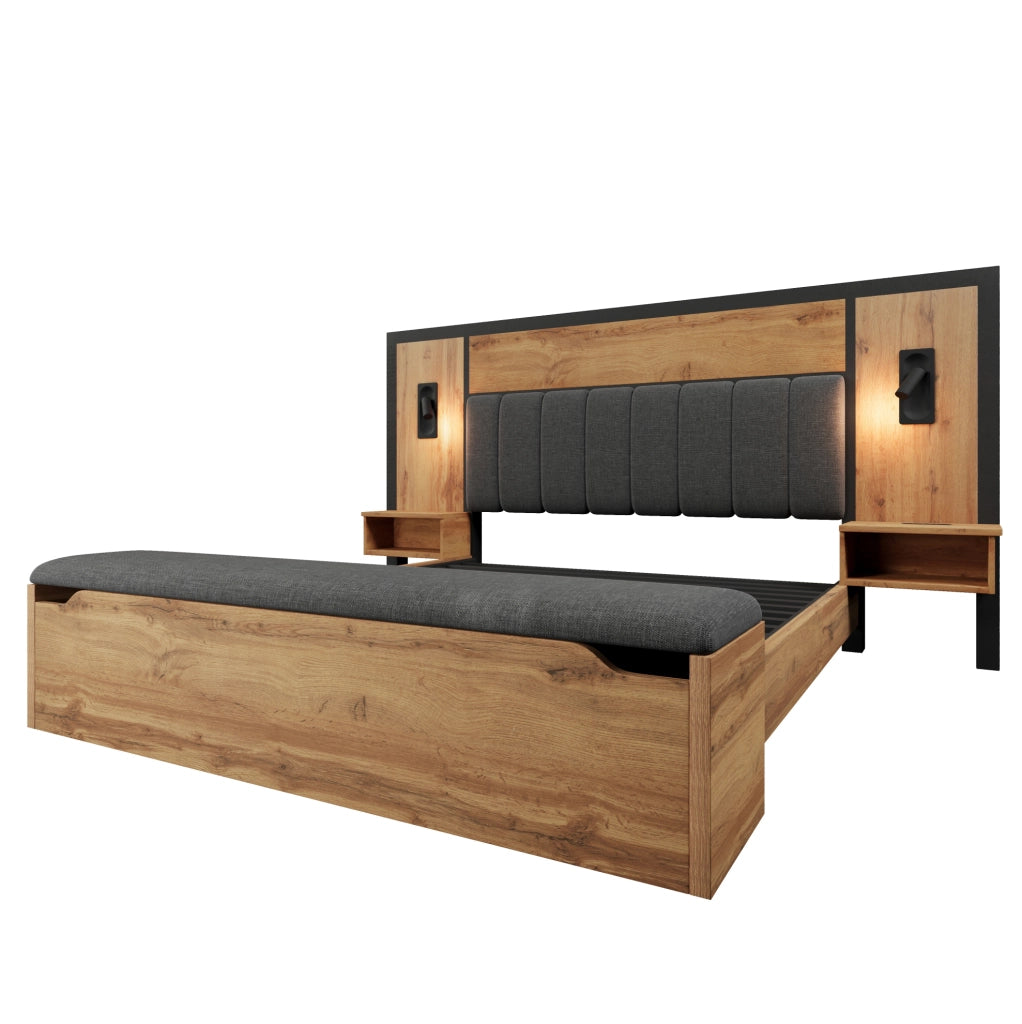 Letto matrimoniale 180x200 cm con luci da lettura; USB Type-C e panca contenitore; rovere