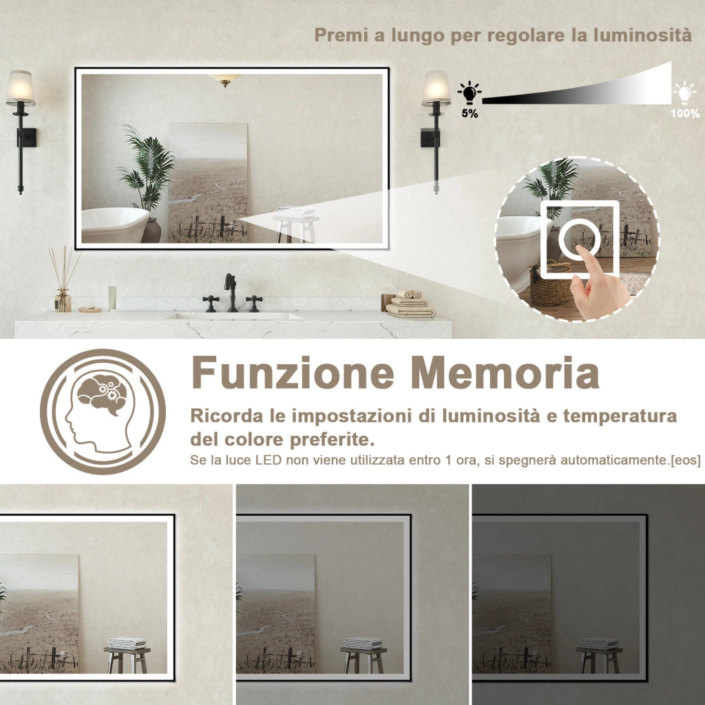 Specchio bagno Rettangolare 120x70cm Retroilluminato Con Led, Antiappannamento + 3 Luci