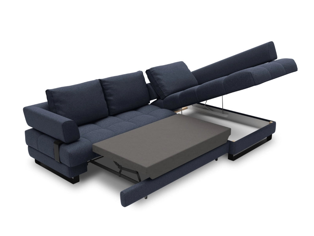 Cosmopolitan Design - Divano convertibile angolare destro con box "Clinton" 5 posti in tessuto strutturato blu scuro 