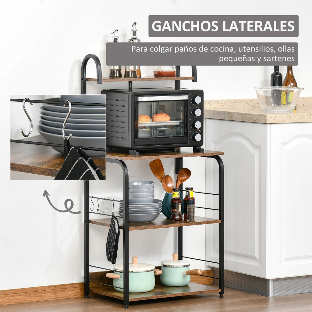 Libreria Cucina 4 Livelli con Ganchi per Microonde ¨C zephmum ¨C Marrone R¨²stico e Nero 60x40x125 cm