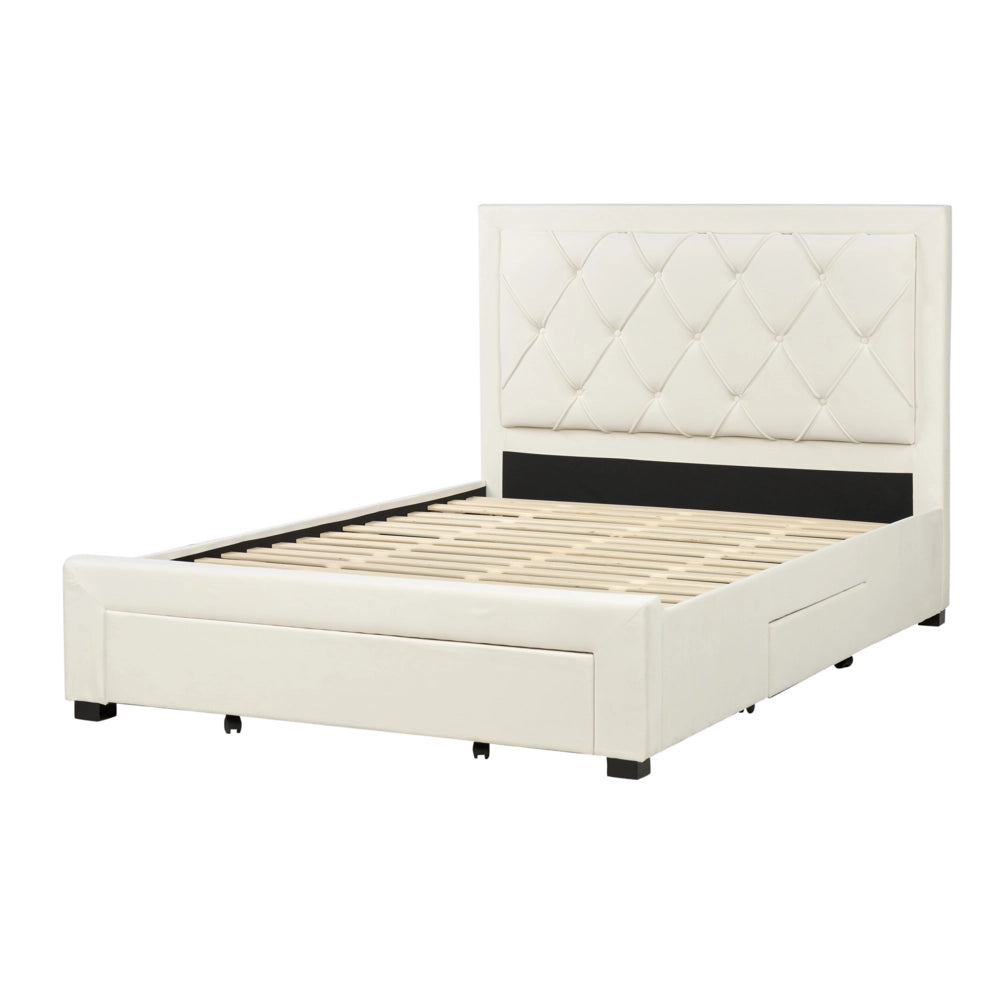 Letto matrimoniale contenitore tappezzeria in velluto beige 140 x 200 cm trapuntato testiera alta cassetti Glam Design