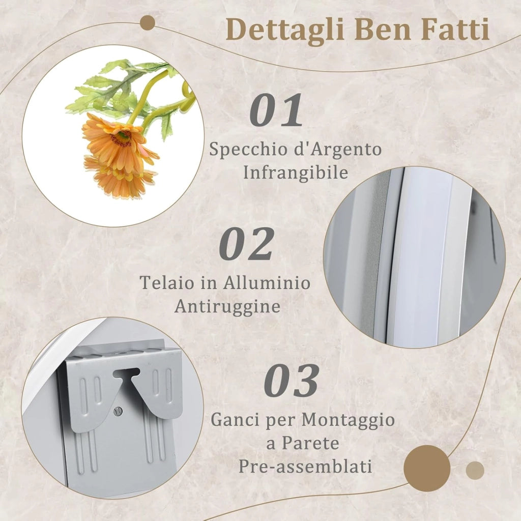 Specchio da Parete 60 x 60cm, Specchio da Bagno Rotondo con Luci Led a 3 Colori, Interruttore a Sfioramento Anti-Appannamento, Funzione di Memoria e Motivo a Onda, IP44