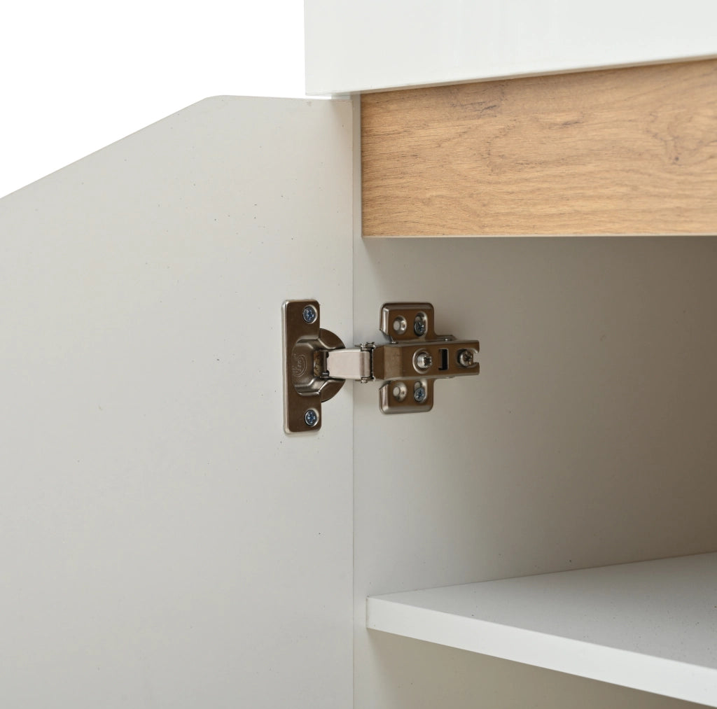 Credenza LED bianca e legno, 4 cassetti e 2 vani