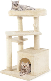 Albero per Gatti a 4 Piani, Torre con Tiragraffi, Nicchia per Gatti, Pallina di Peluche con Sonagli, Piattaforma per Saltare, Albero Tiragraffi per Animali Domestici (Beige)
