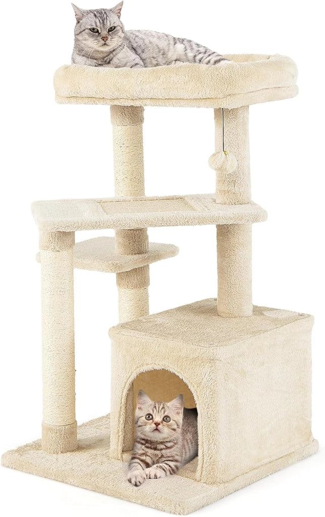 Albero per Gatti a 4 Piani, Torre con Tiragraffi, Nicchia per Gatti, Pallina di Peluche con Sonagli, Piattaforma per Saltare, Albero Tiragraffi per Animali Domestici (Beige)