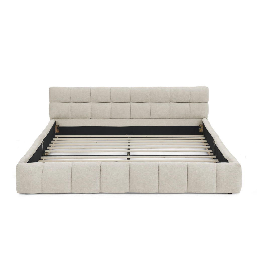 Letto Matrimoniale Imbottito in Chenille ¨C MINIMAL ¨C Legno ed Acciaio, Beige, 160x200