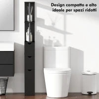 Mobile Colonna Salvaspazio in Legno con Ripiani, Armadietto e Cassetti, Nero, 15x33x136cm