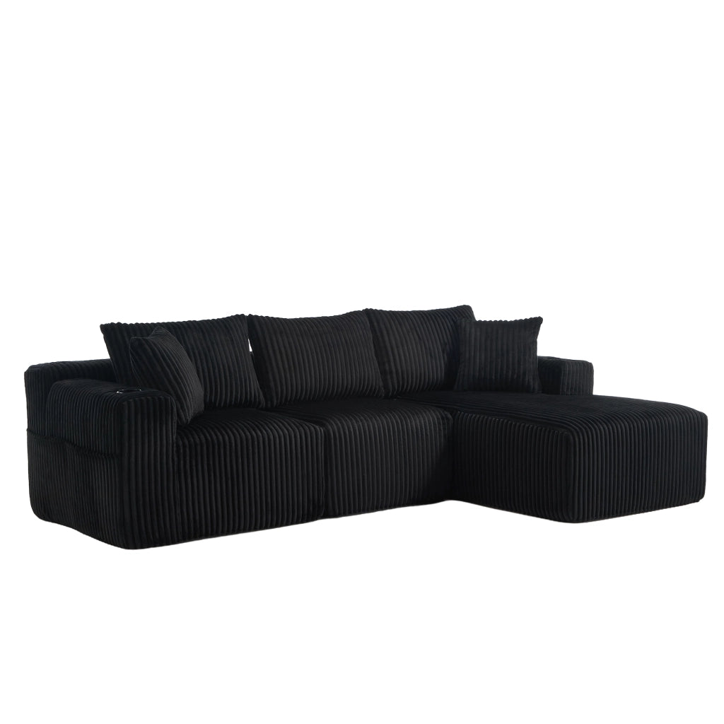 Divano Modulare con Chaise Longue 2 Posti ¨C MINIMAL ¨C Velluto a Coste, Cuscini, Portabicchieri