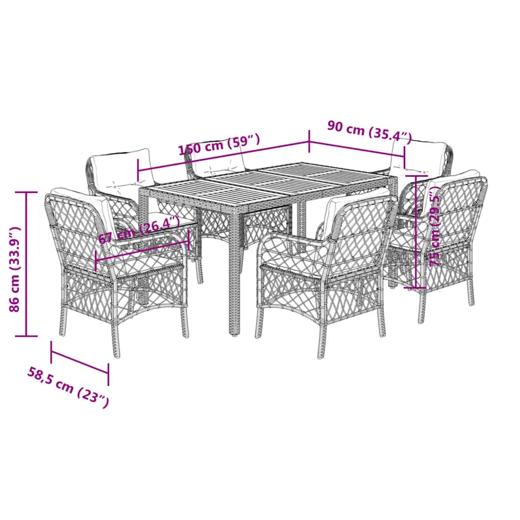 Set da Pranzo da Giardino 7 pz Nero con Cuscini in Polyrattan 3212045