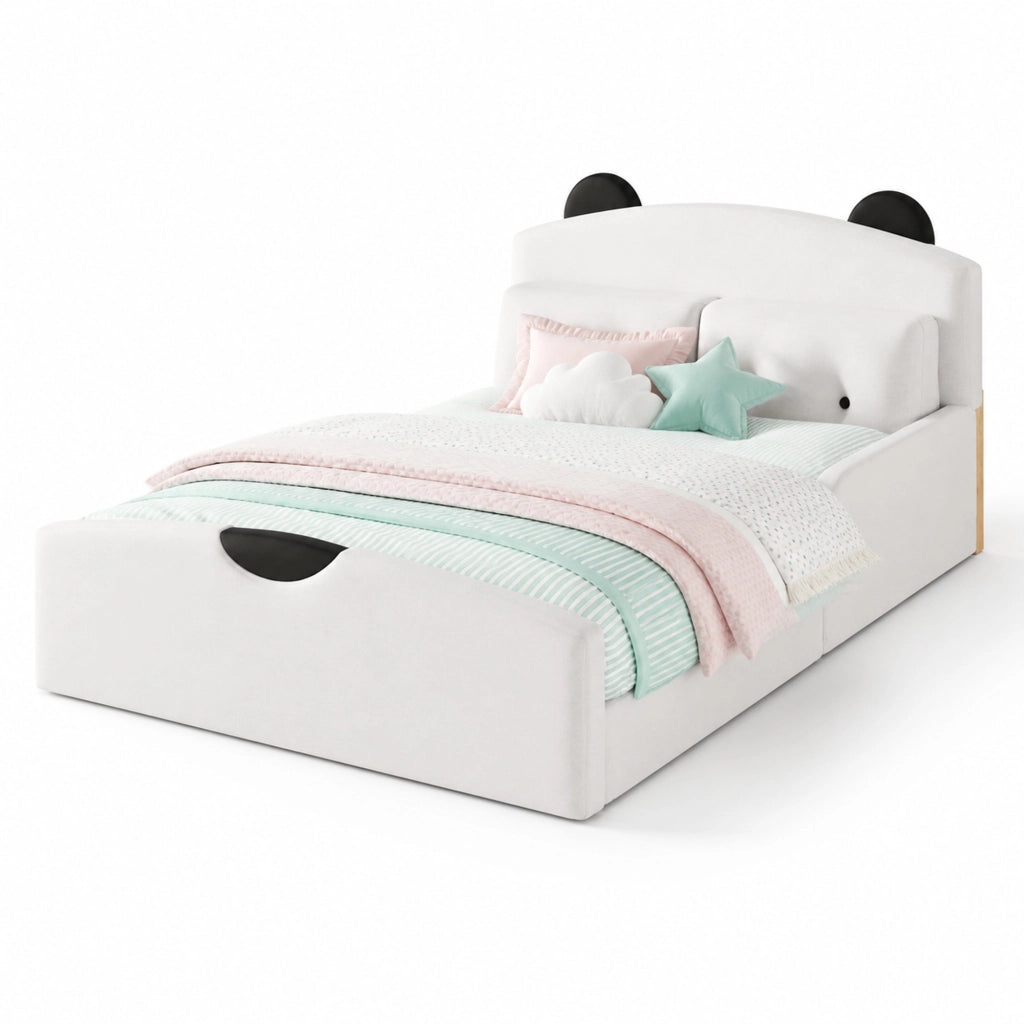 Letto imbottito 140x200 cm con testiera a orsetto in lino bianco e 2 cuscini