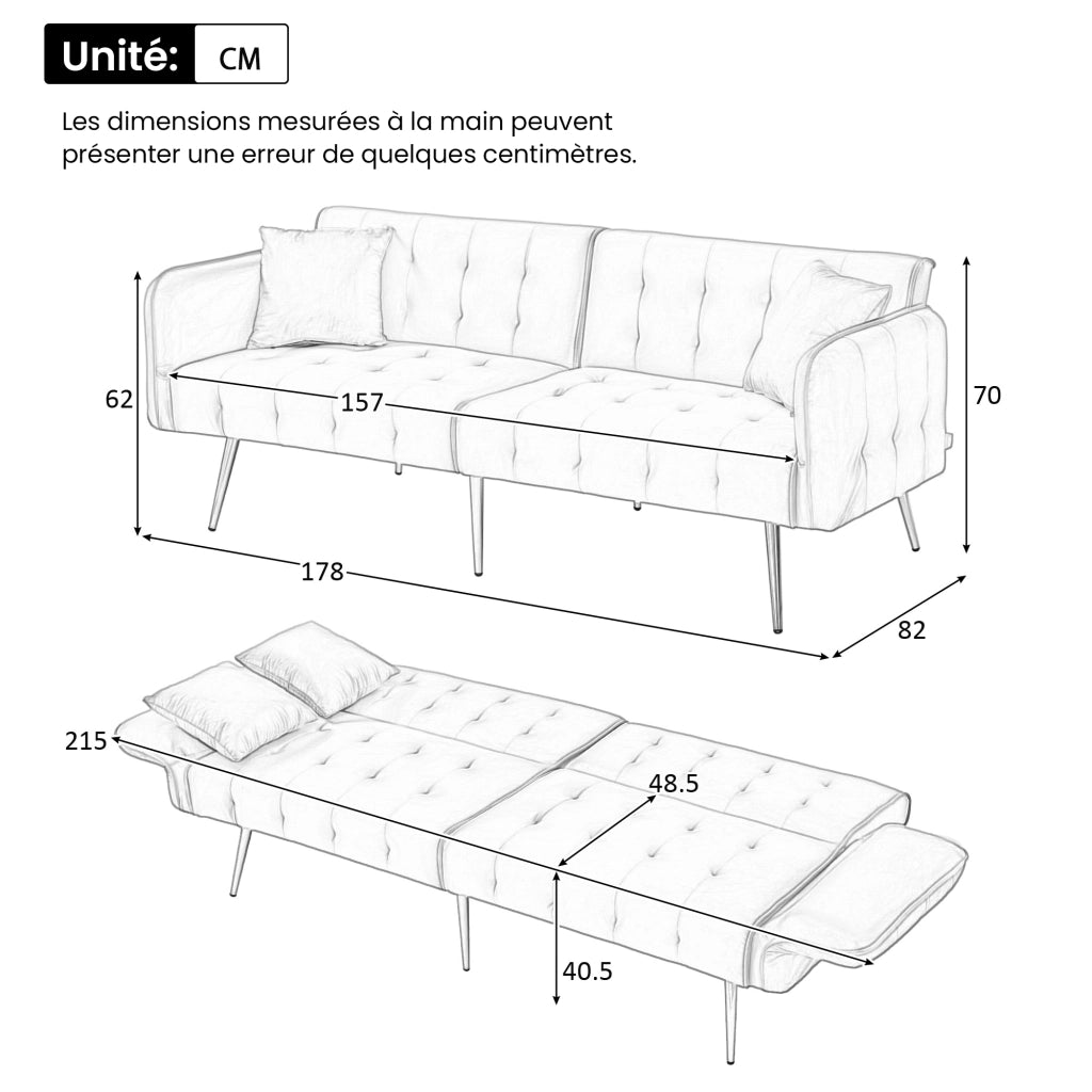 OKWISH Divano Letto 2 Posti, Schienale Regolabile e Braccioli Multi Posizione, con Cuscini, Velluto, Bianco Antico