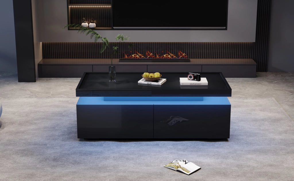 TAVOLINO DA CAFFÈ 95x45x35 cm Nero Lucido con LED e 2 Cassetti