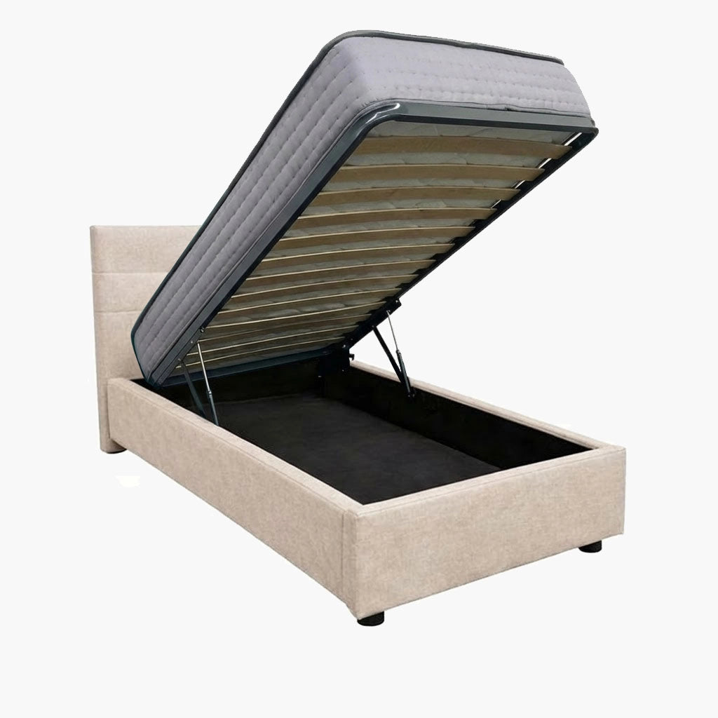 Letto contenitore singolo 80x190 cm con rete ortopedica a doghe, tessuto Enjoy, made in Italy - 02 Camel