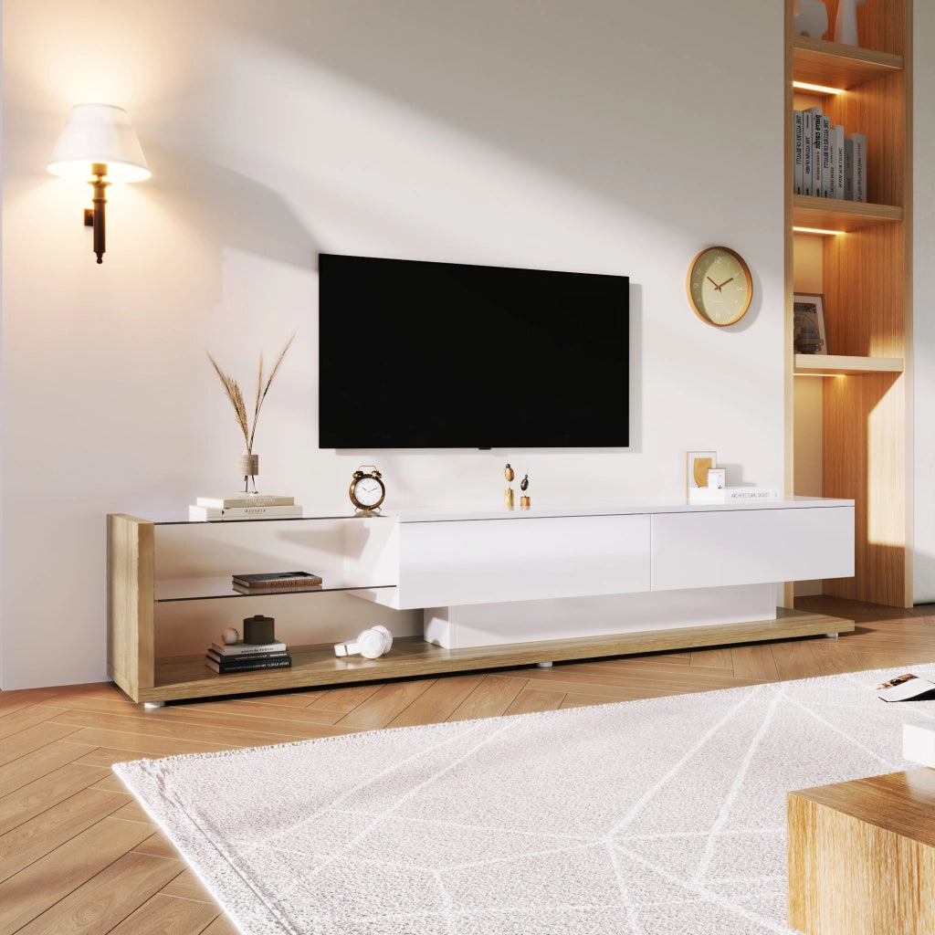 Mobile TV con 2 Cassetti; 2 Ripiani in Vetro e LED; Bianco Lucido con Effetto Legno; 170??36??38 cm; in Truciolare