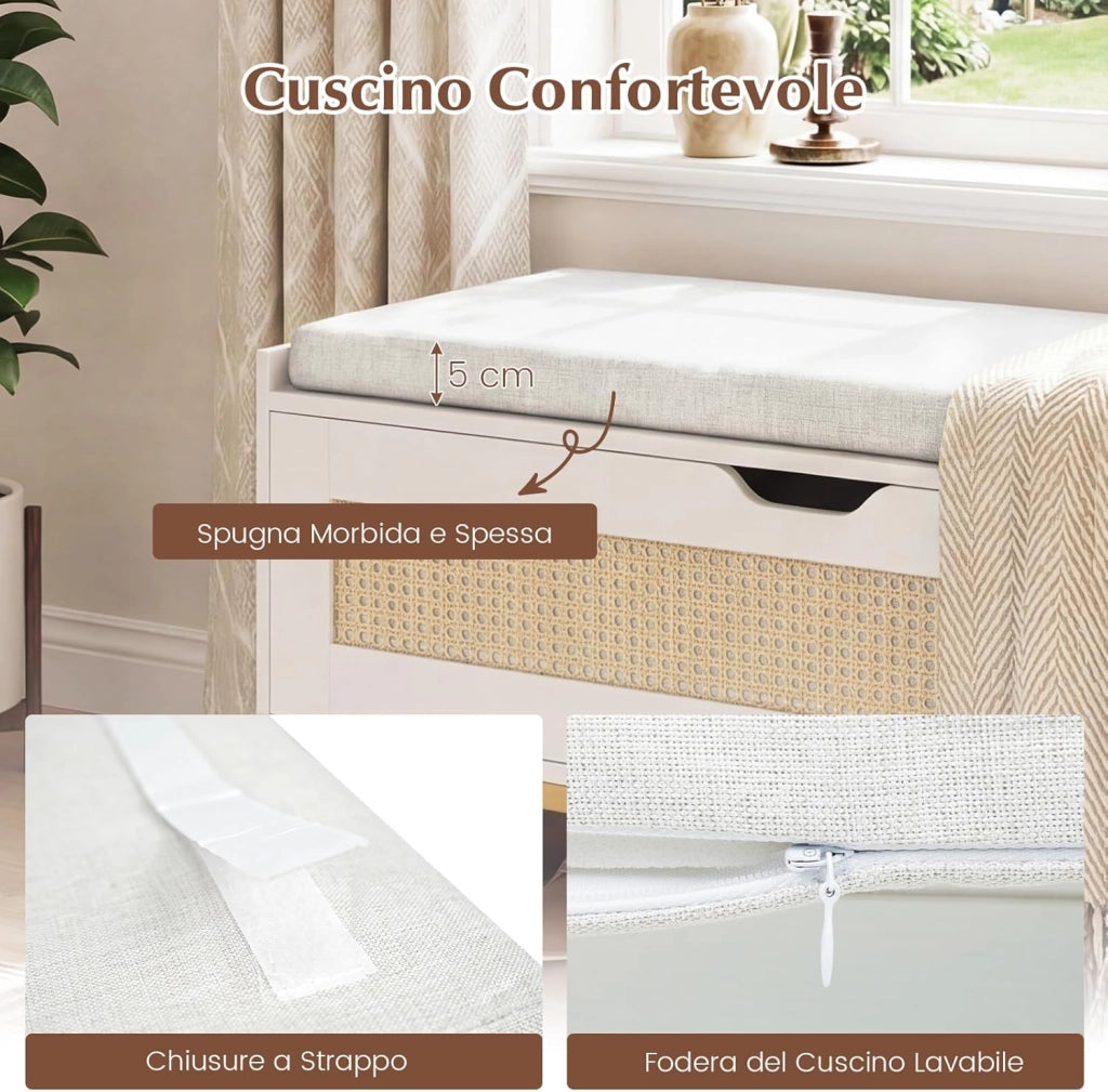 71L Panca Scarpe con Seduta Imbottita, Cassa Portaoggetti in Rattan con Coperchio Ribaltabile, Panchina da Ingresso con Spazio Nascosto, 100x35x44 cm (Bianco)