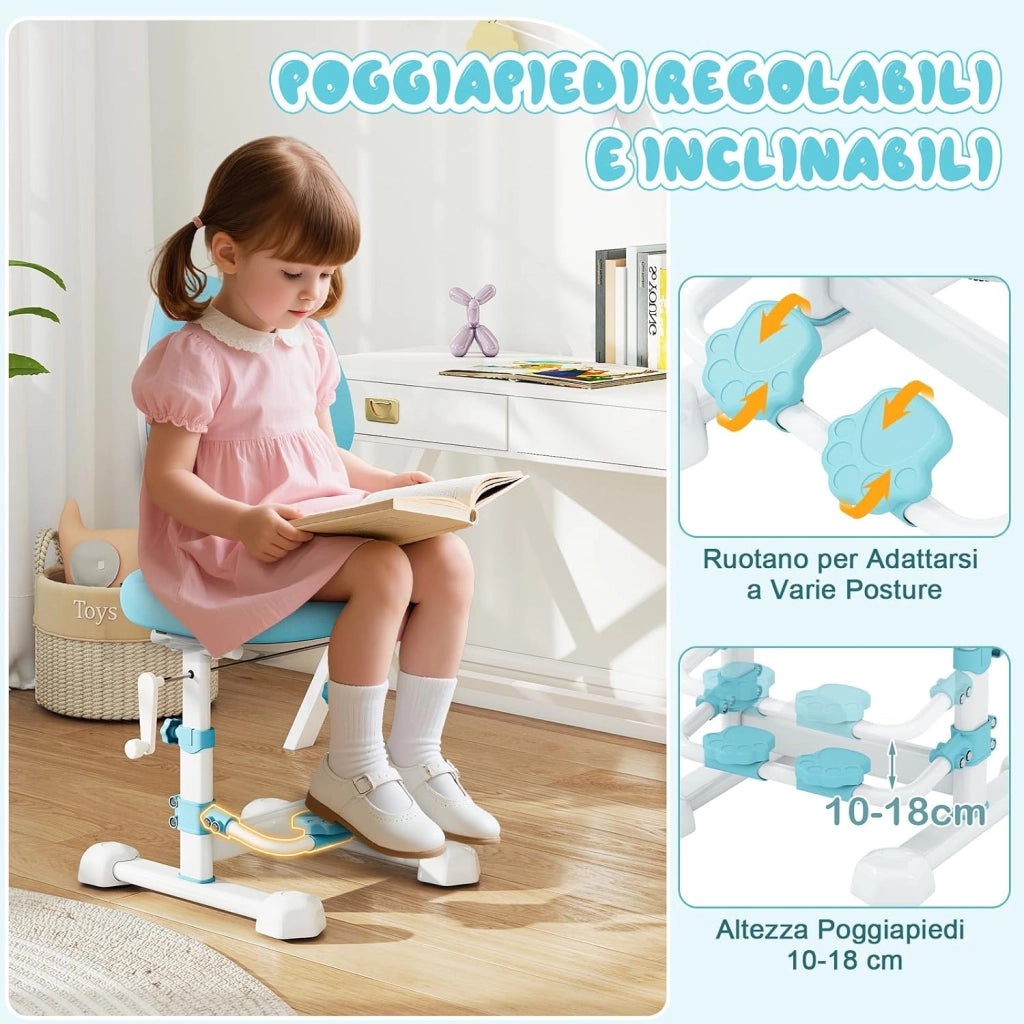 Sedia da Studio per Bambini, Poltrona Ergonomica da Scrivania con Schienale Doppio Regolabile e Poggiapiedi, Sedia Regolabile in Altezza Senza Braccioli per Bambini 3+ Anni (Blu)