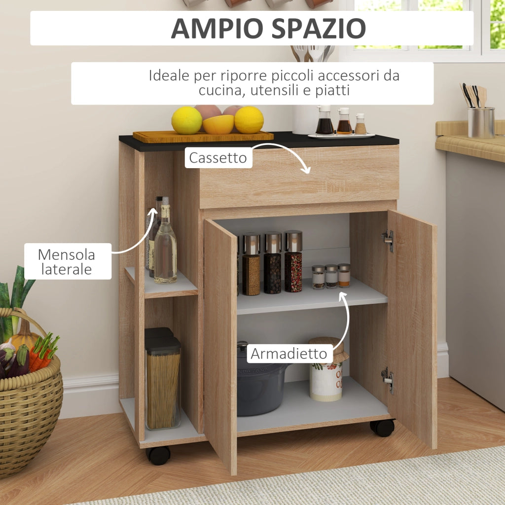 Carrello per Cucina con Cassetto ¨C zephmum ¨C Nero e Rovere, 78x39.5x88.5 cm
