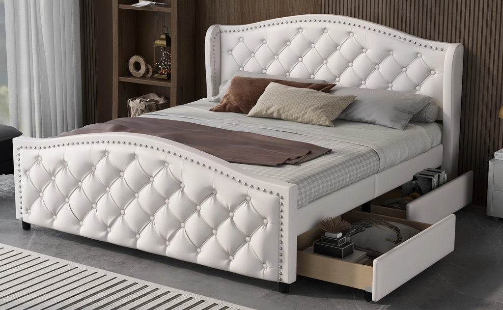 OKWISH Letto con Cassetti 160×200 cm, Letto Matrimoniale con 2 Cassetti, Testiera Chesterfield e Trapuntatura, senza Materasso, in PU, Bianco