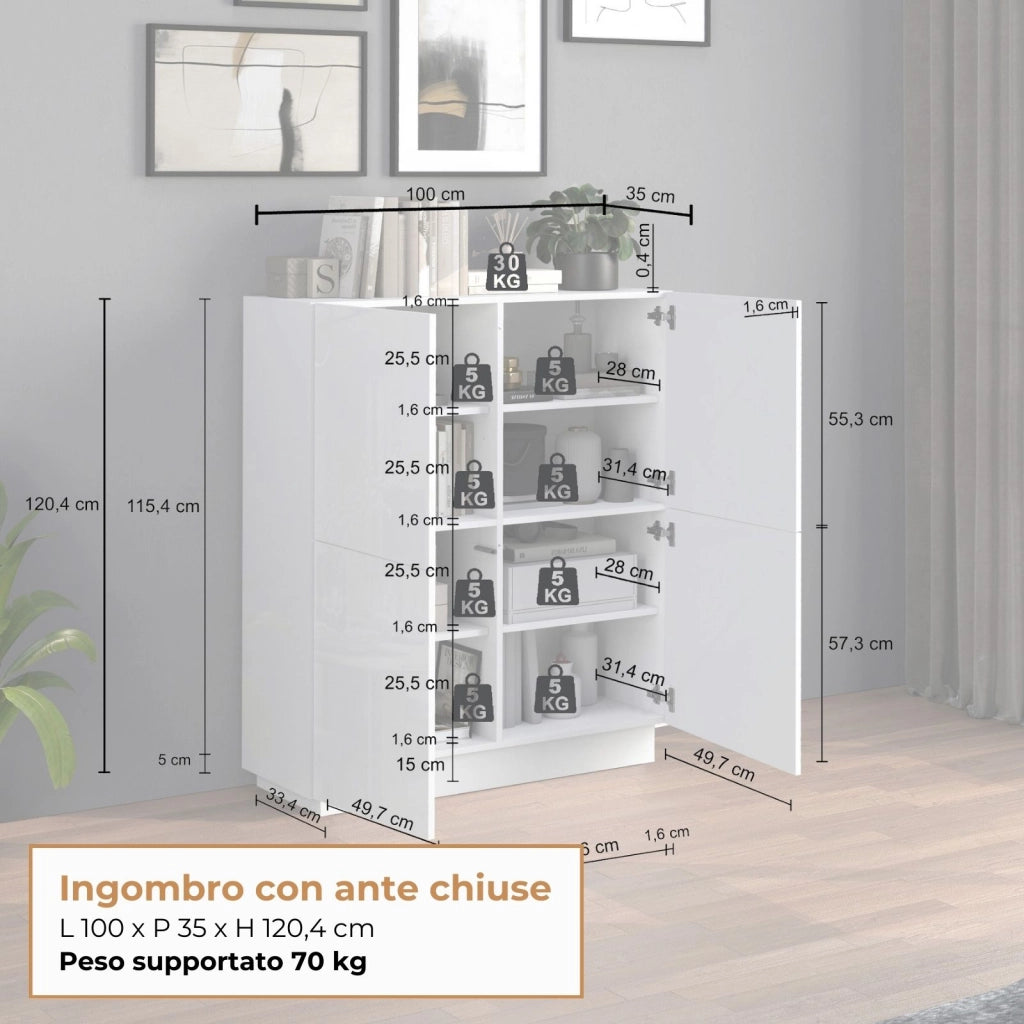 WHOUS Credenza Vela con 4 ante colore bianco lucido 100x35x120,4 cm