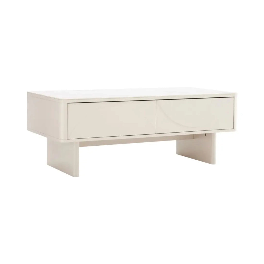 Tavolino chic MIYA 120 cm – Piano in ceramica effetto marmo bianco e 2 cassetti