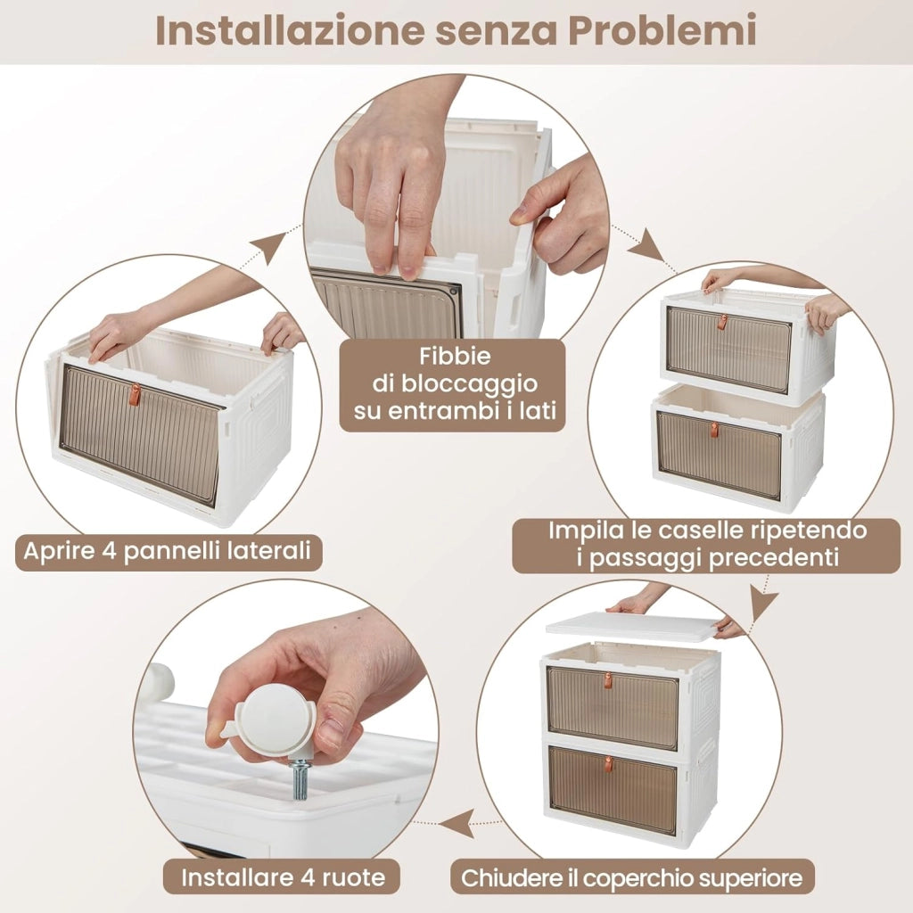 Scarpiera Pieghevole a 3/4/6 Piani, Mobile Multiuso Impilabile con Porte Trasparenti Magnetiche e Ruote Piroettanti Bloccabili, Contenitore con Coperchio per Cibi Giocattoli Abiti (3 Piani)