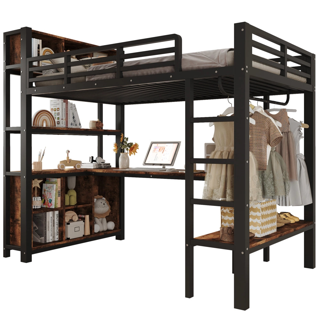 Letto a soppalco 90x200 cm in MDF e metallo nero con scrivania; appendiabiti e ripiani