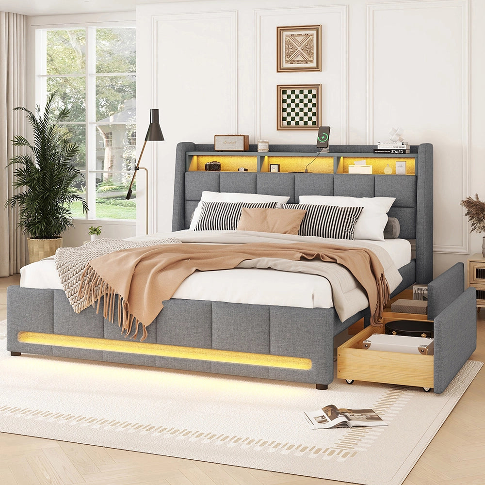 Letto con cassetti - Xylo - 140x200 cm - Grigio - Luci ambientali telecomando USB