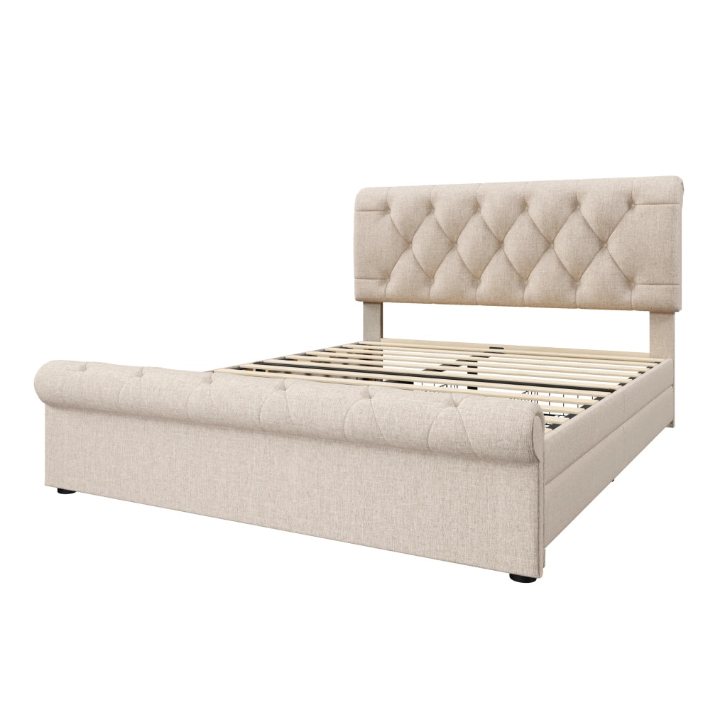 Letto matrimoniale imbottito 140x200 cm con 4 cassetti; testiera regolabile; naturale; con materasso