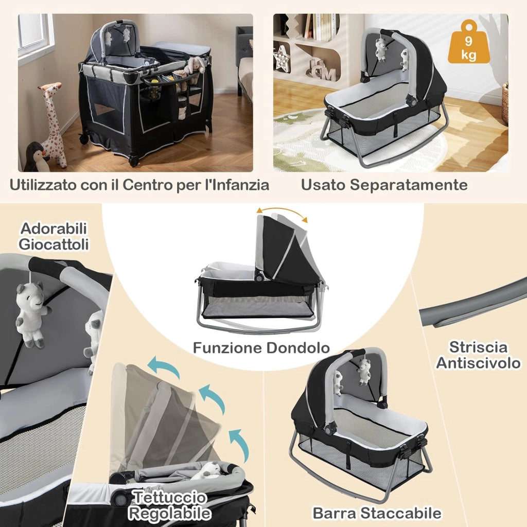 6 in 1 Lettino da Campeggio per Bambini, Culla Viaggio con Materasso, Fasciatoio e Giocattolo, Box Portatile Pieghevole, Ruote Bloccabili, per Banbini 0-3 Anni (Grigio, 105,5 x 73,5 x 77 cm)