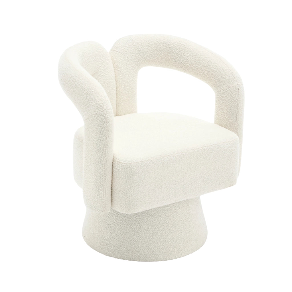 Poltrona Girevole 360° Imbottitura Ampia con Braccioli Arrotondati; Comfort Morbido; Base in Metallo; in Bouclé Beige